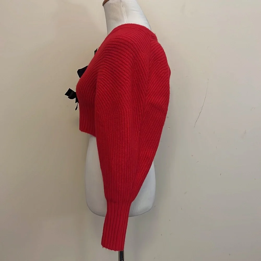 By Anthropologie Rhea Bow-Front Crop Cardigan Sweater New Red & Black Size XXS - Picture 3 of 7